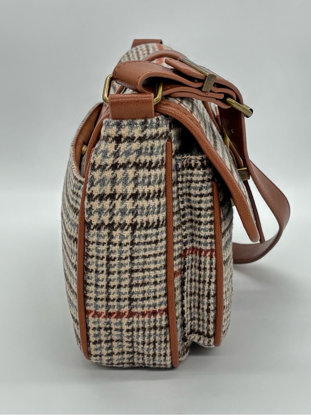 Frye & Co Houndstooth Plaid Shoulder Bag Brown Purse Academia Equestrian Preppy - Picture 2 of 15